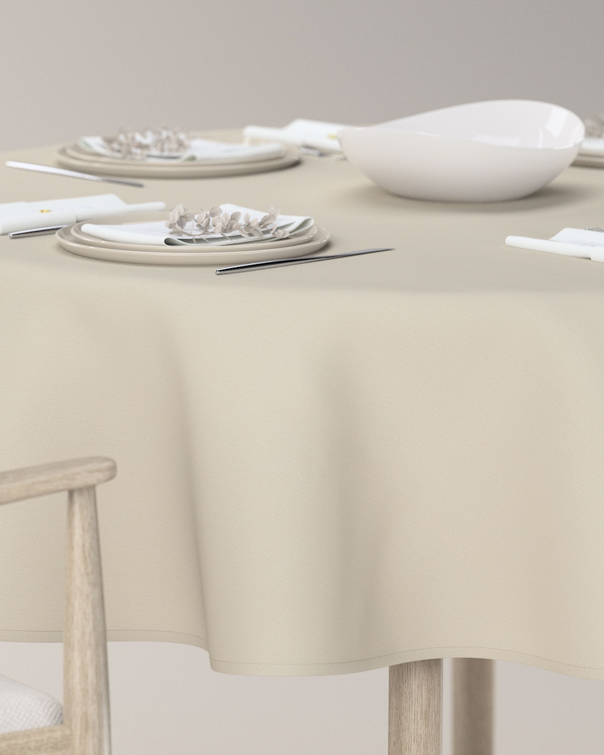 Rund bordduk farge beige stoff lysgjennomtrengende, grov, lin (hover)
