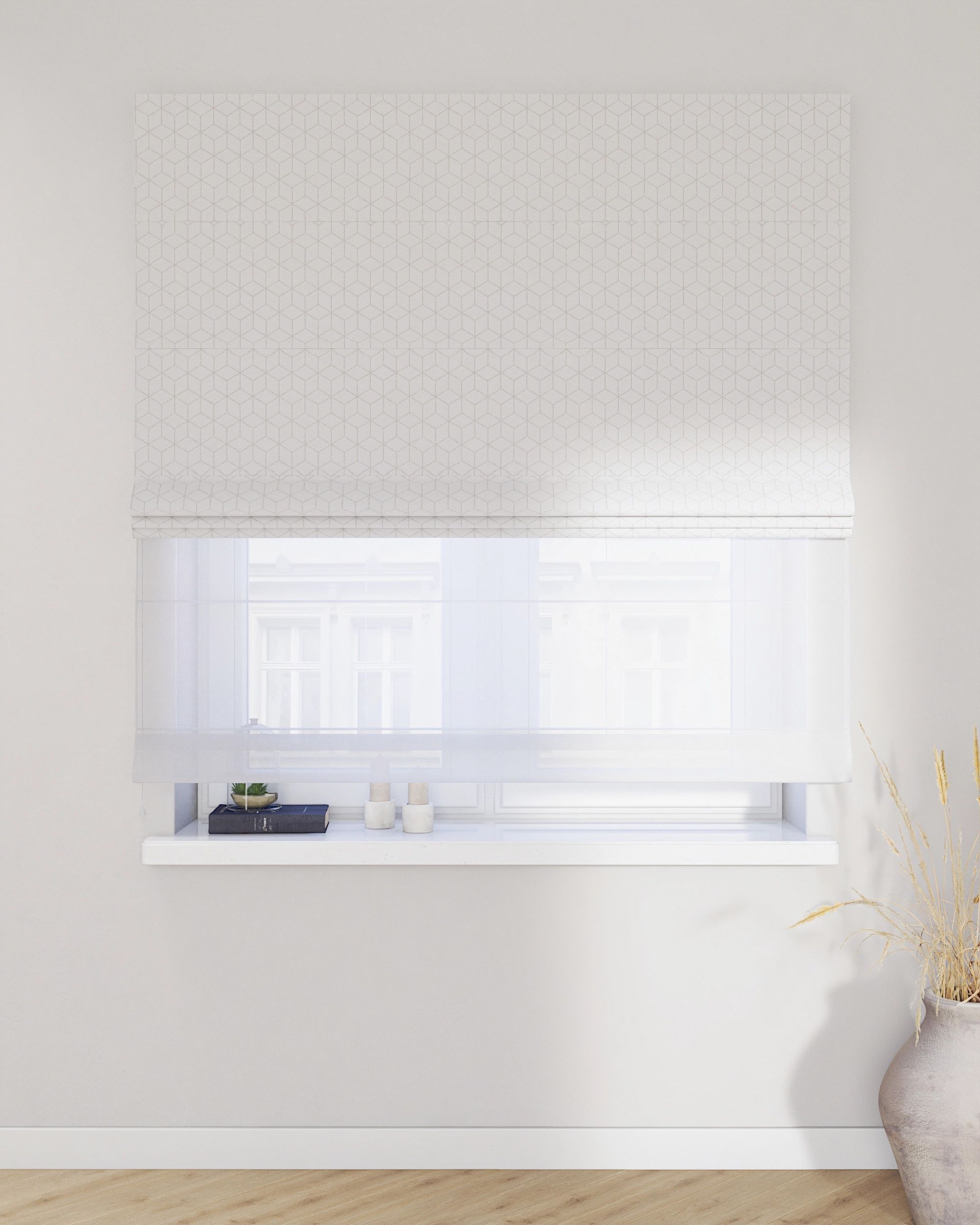 Duo med ensfarvet voile farge hvit stoff grov, mønstret (hover)