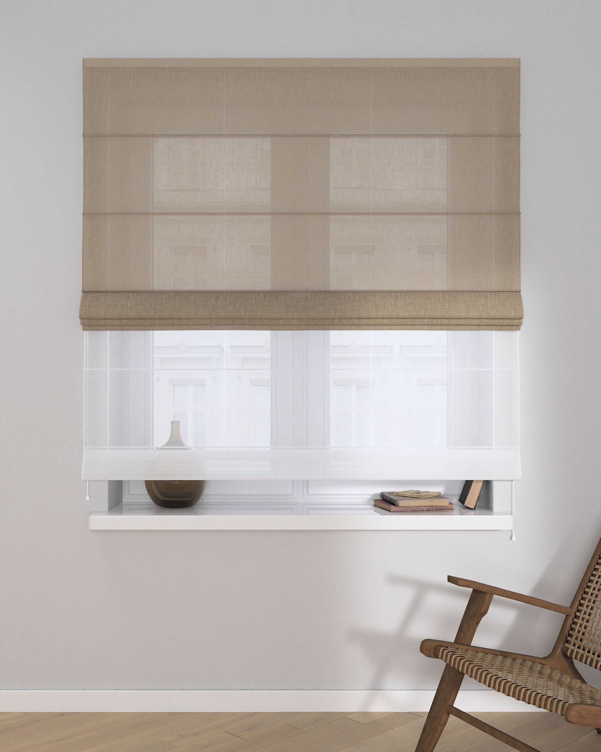 Duo med ensfarvet voile farge beige stoff grov
