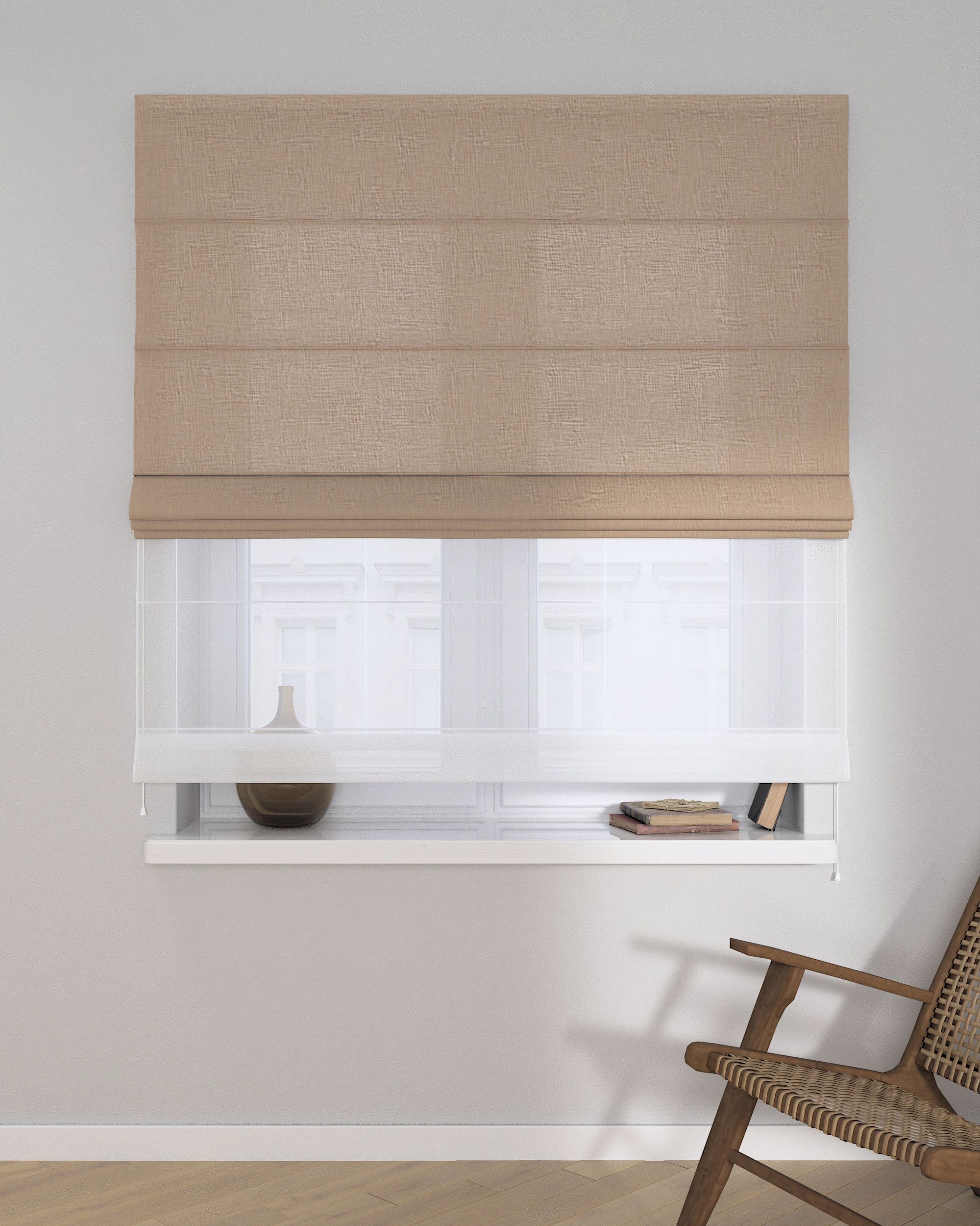 Duo med ensfarvet voile farge beige stoff grov