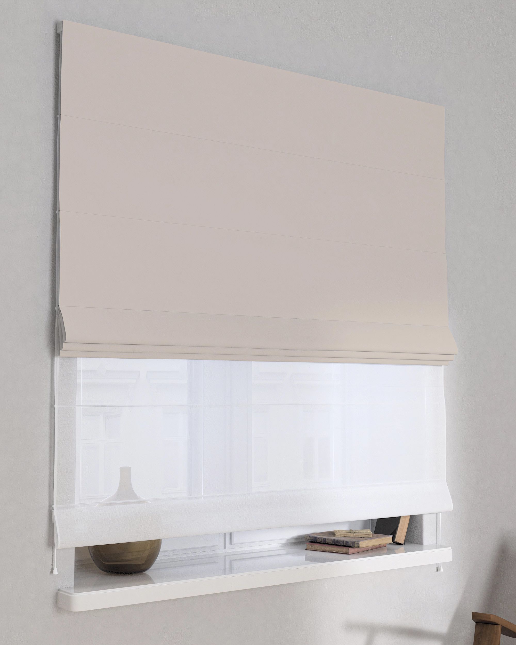 Duo med ensfarvet voile farge beige stoff mørkleggende