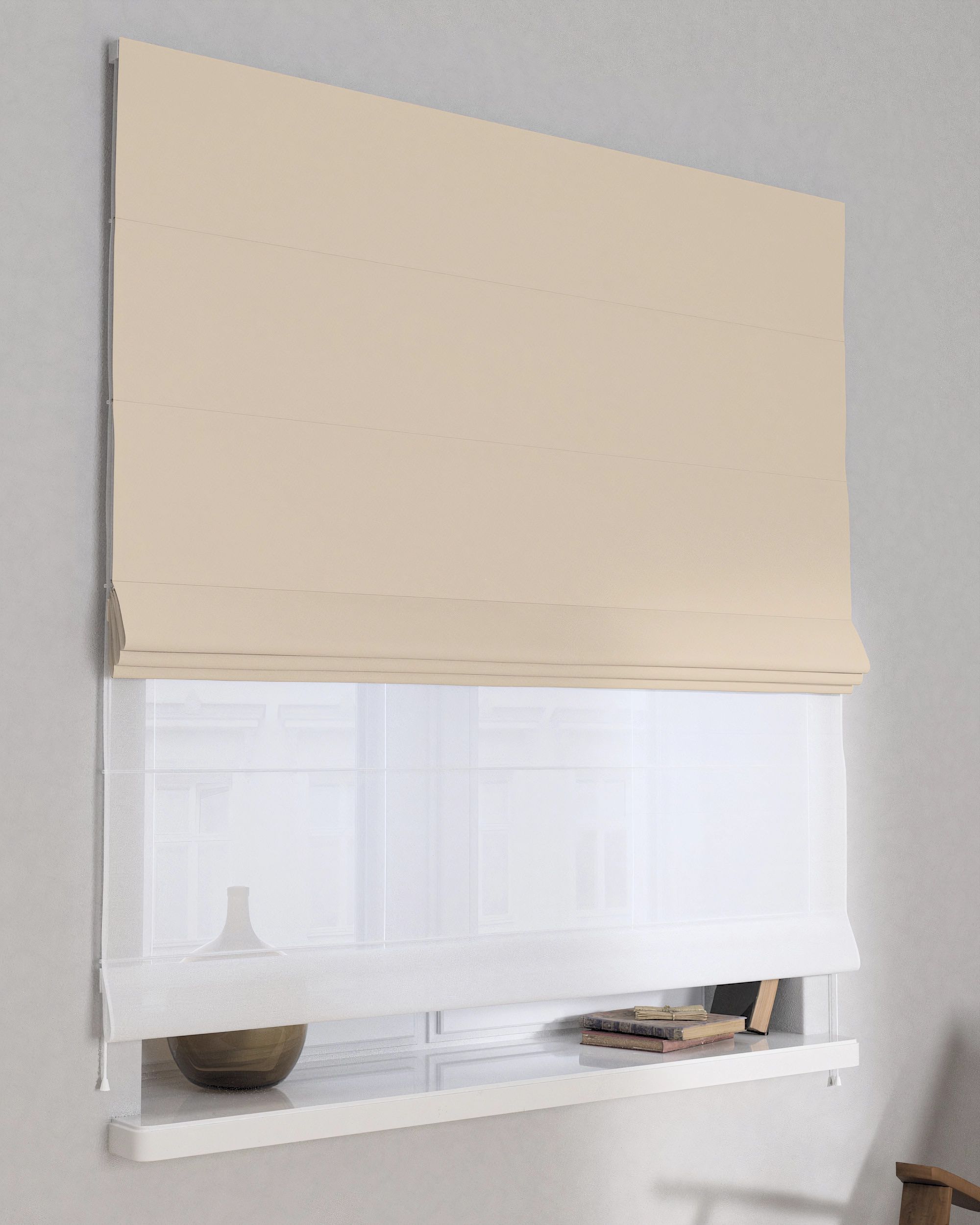 Duo med ensfarvet voile farge beige stoff mørkleggende