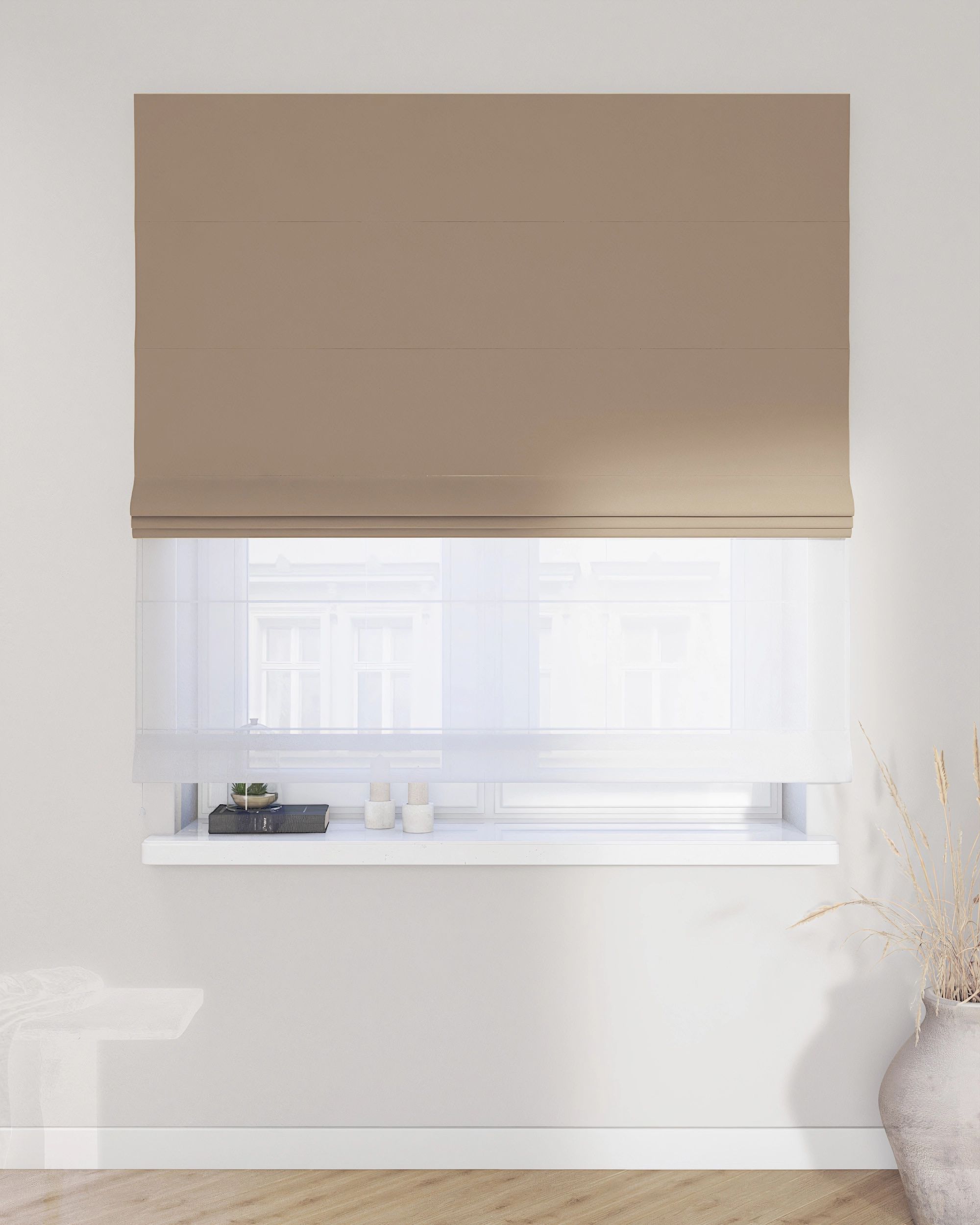 Duo med ensfarvet voile farge beige stoff blank, velur (hover)